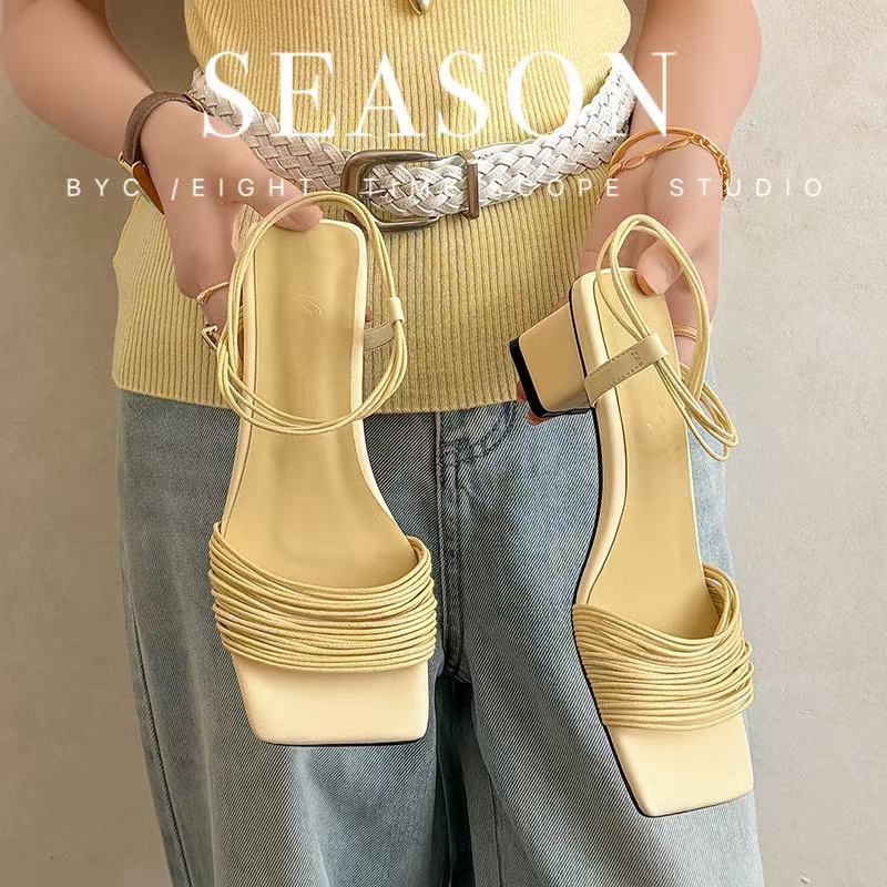 Women's Handmade Multi-Strap Leather Block Heel Sandals, Square-Toe Ankle Wrap Mid-Heel Shoes With Pigskin Lining