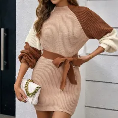 Women's Color Block Sweater Midi Dress - Fall Long Sleeve Bodycon Dress With Tie Waist - Multicolor - View 1