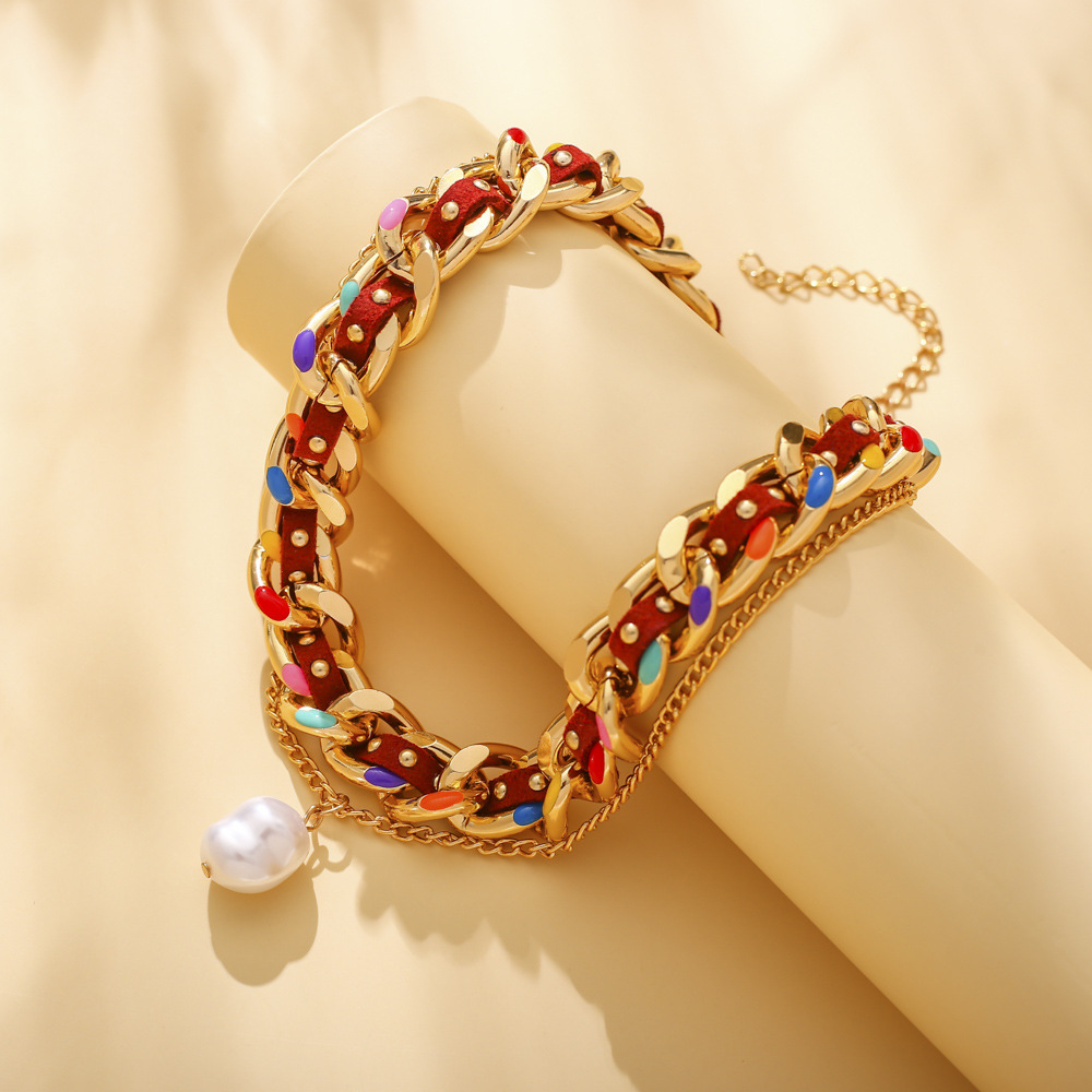 Rainbow Pearl Double Necklace Trend Hip Hop Clavicle Chain Female