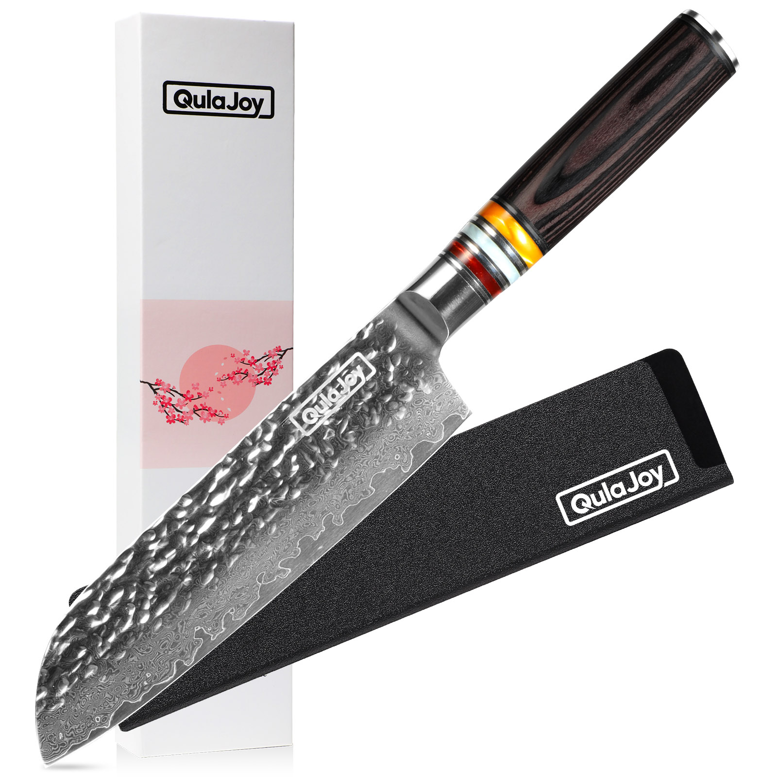 Qulajoy 7 Inch Nakiri Chef Knife, Professional Japanese 67 Layers Damascus VG-10 Steel Core, Hammered Vegetable Cutting Knife, Ergonomic Pakkawood Handle With Sheath