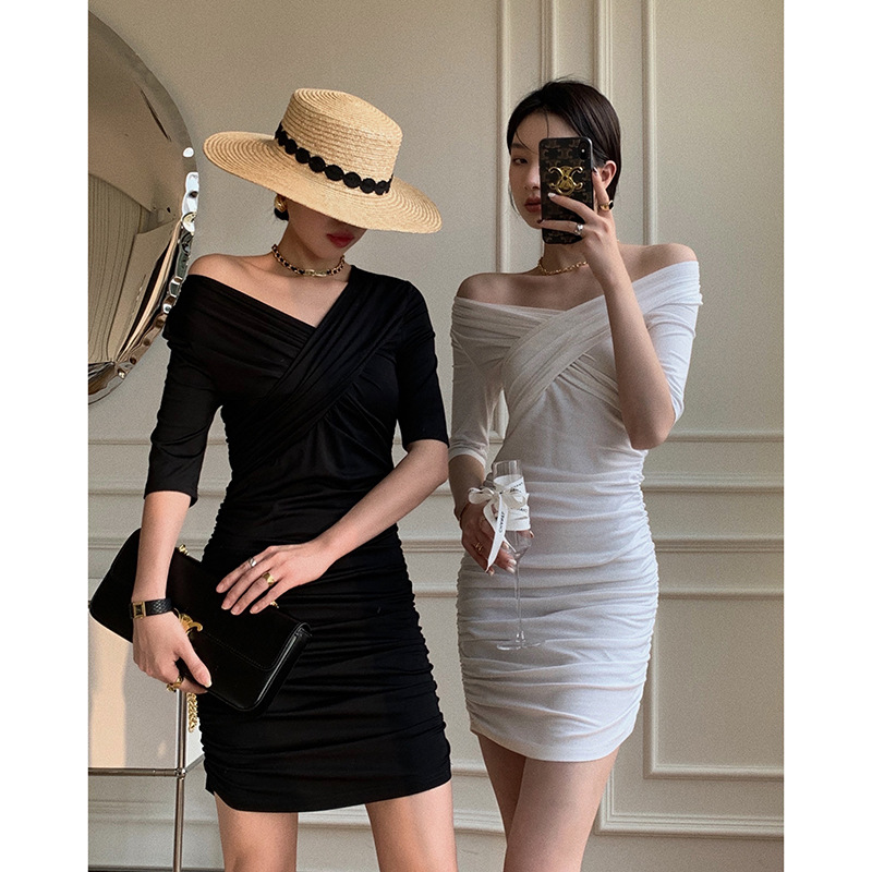 Pure Desire Style Pleated Slim Off-shoulder Two-wear Women's Dress