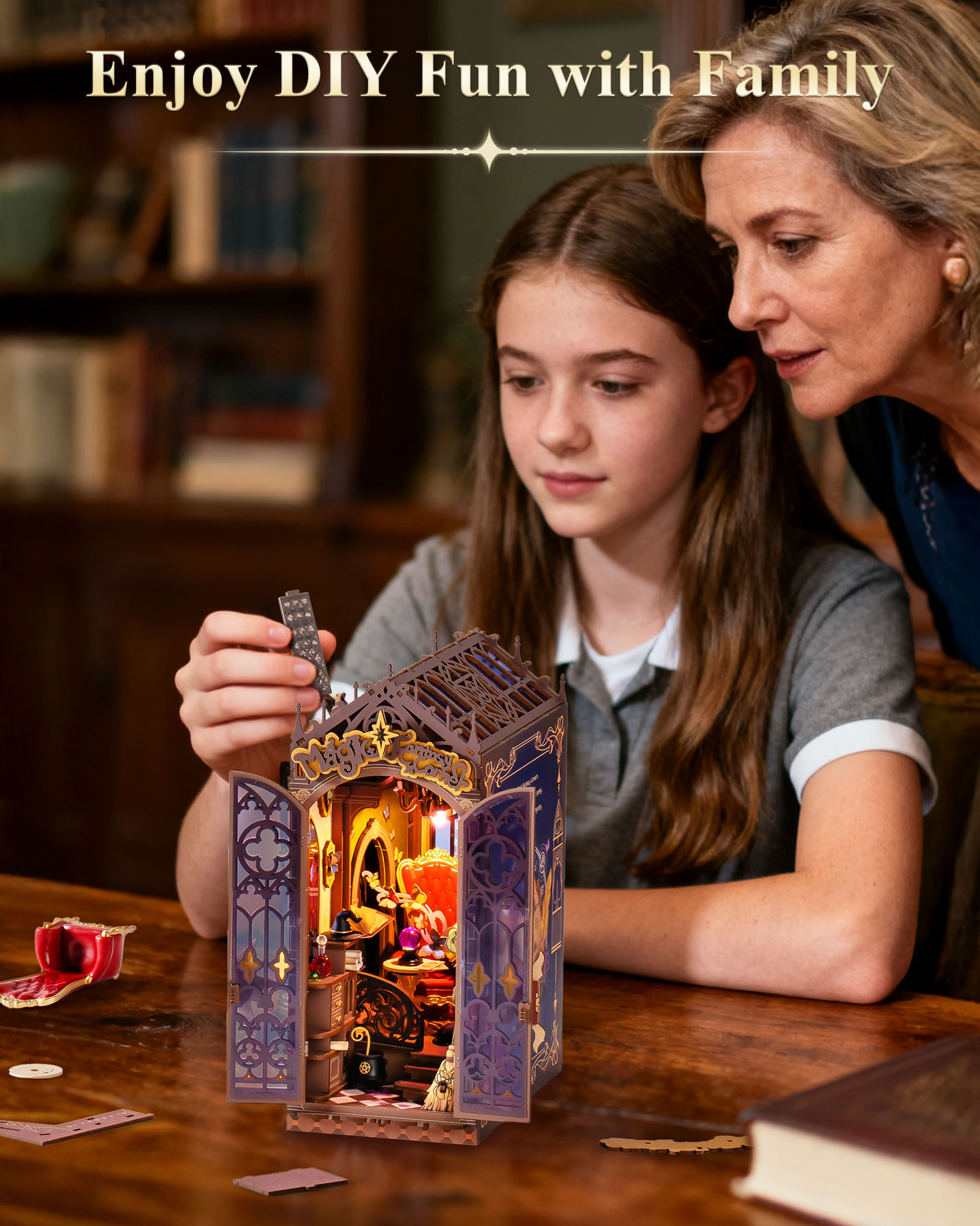 Rolife Magical Fantasy Corner Bookend DIY Set - 3D Wooden Miniature House, 3D Puzzle With Interactive LED Lights, 185 Pieces, Teen & Adult Bookshelf Decoration Gift