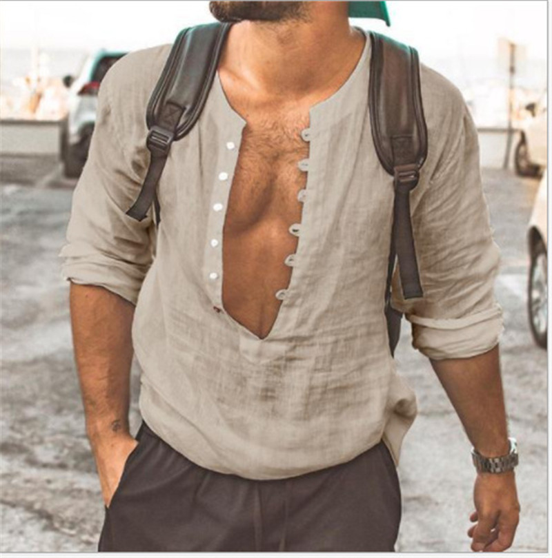 Men's Long-sleeved Button Linen Cotton Shirt Top
