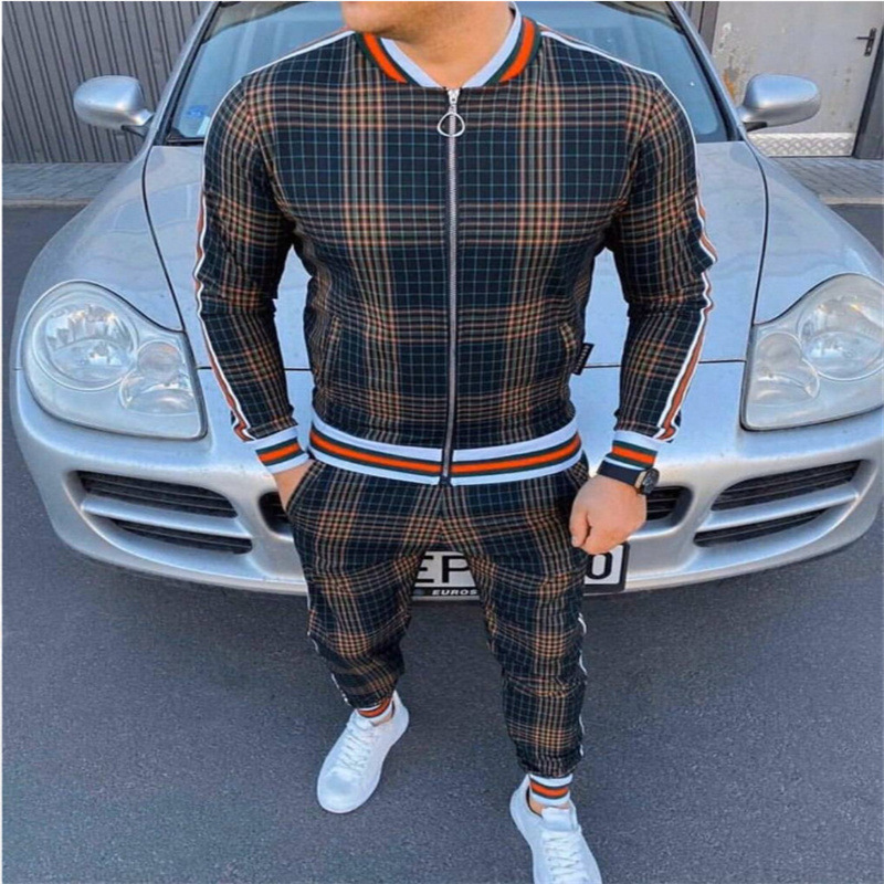 Men's Striped Plaid Zip Jacket Coat