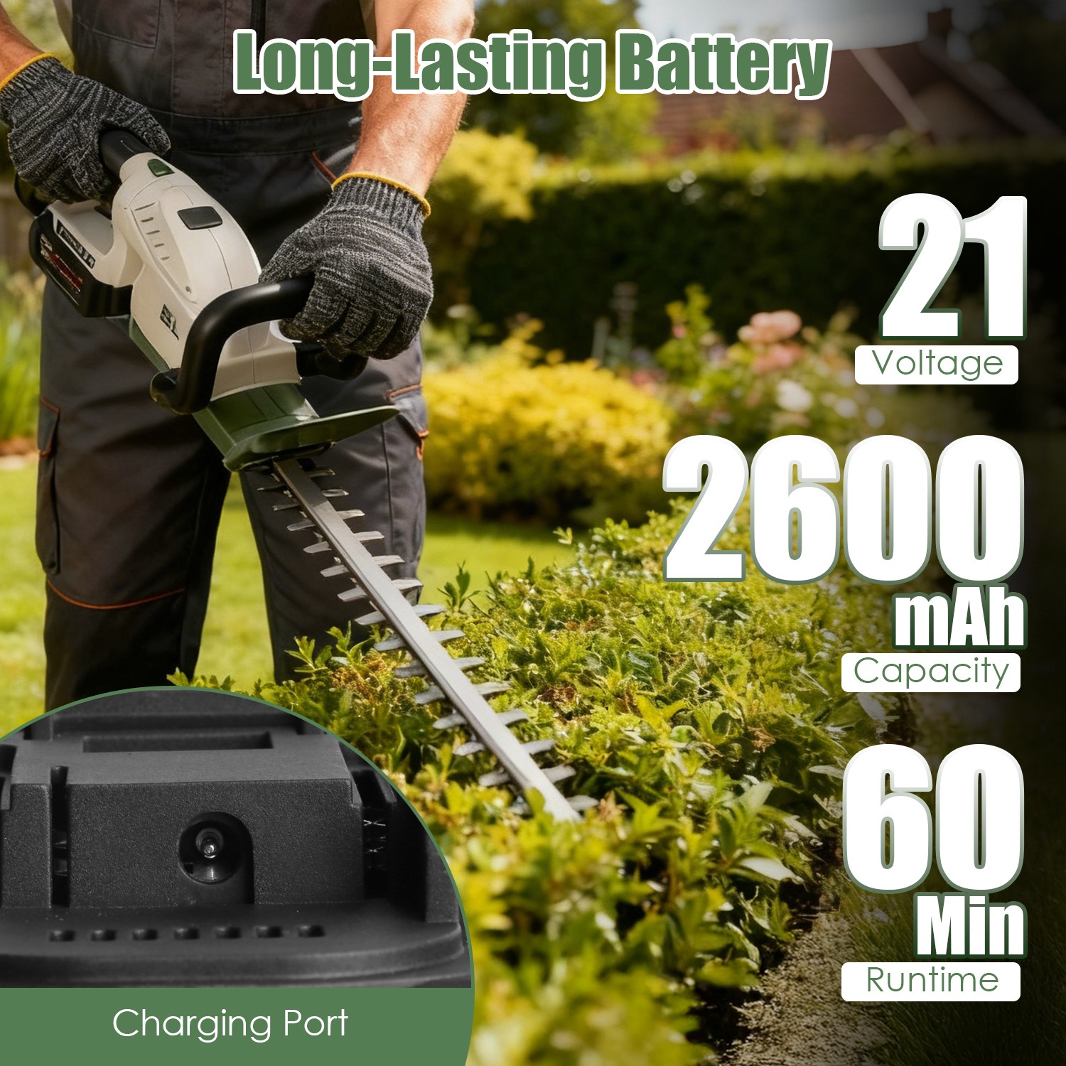 20in Cordless Hedge Trimmer For Spring Garden 21V Handheld Bush Trimmer Electric Grass Shrub Trimmer With Dual Action Blades 0.6in Cutting Diameter Safety Lock 90 Degree Adjustable Handle