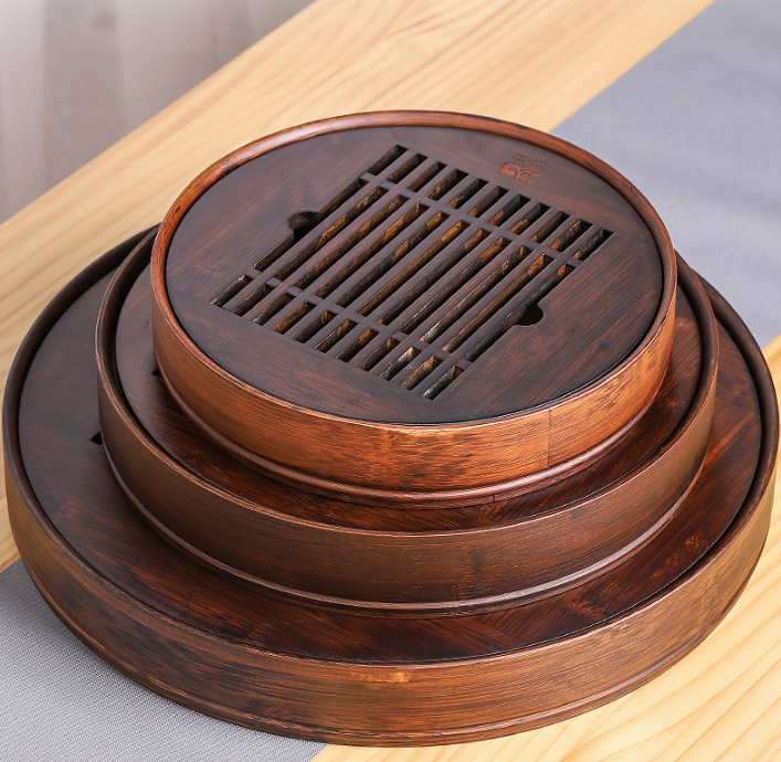 Walnut Color Round Bamboo Tea Tray Tea Set Water Storage Type