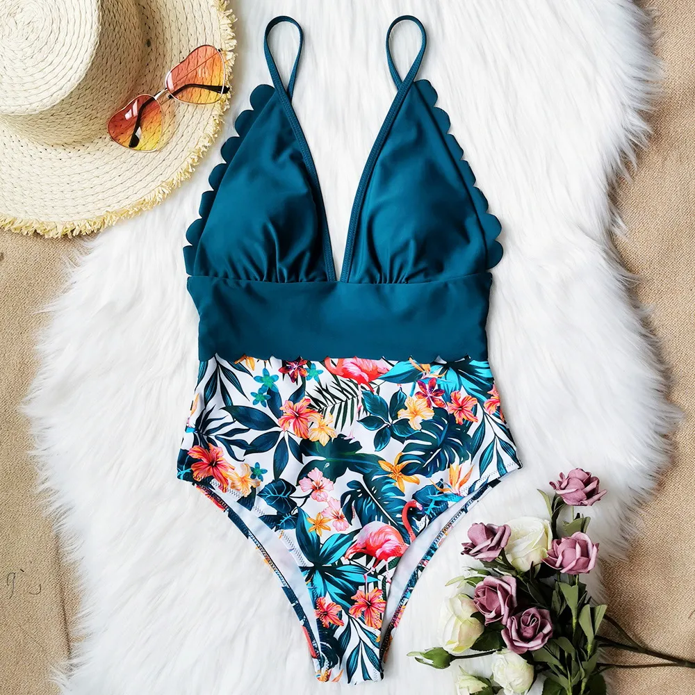 One-Piece Swimsuit Printed Cut Lace Swimsuit Halter Sexy Swimsuit - Blue