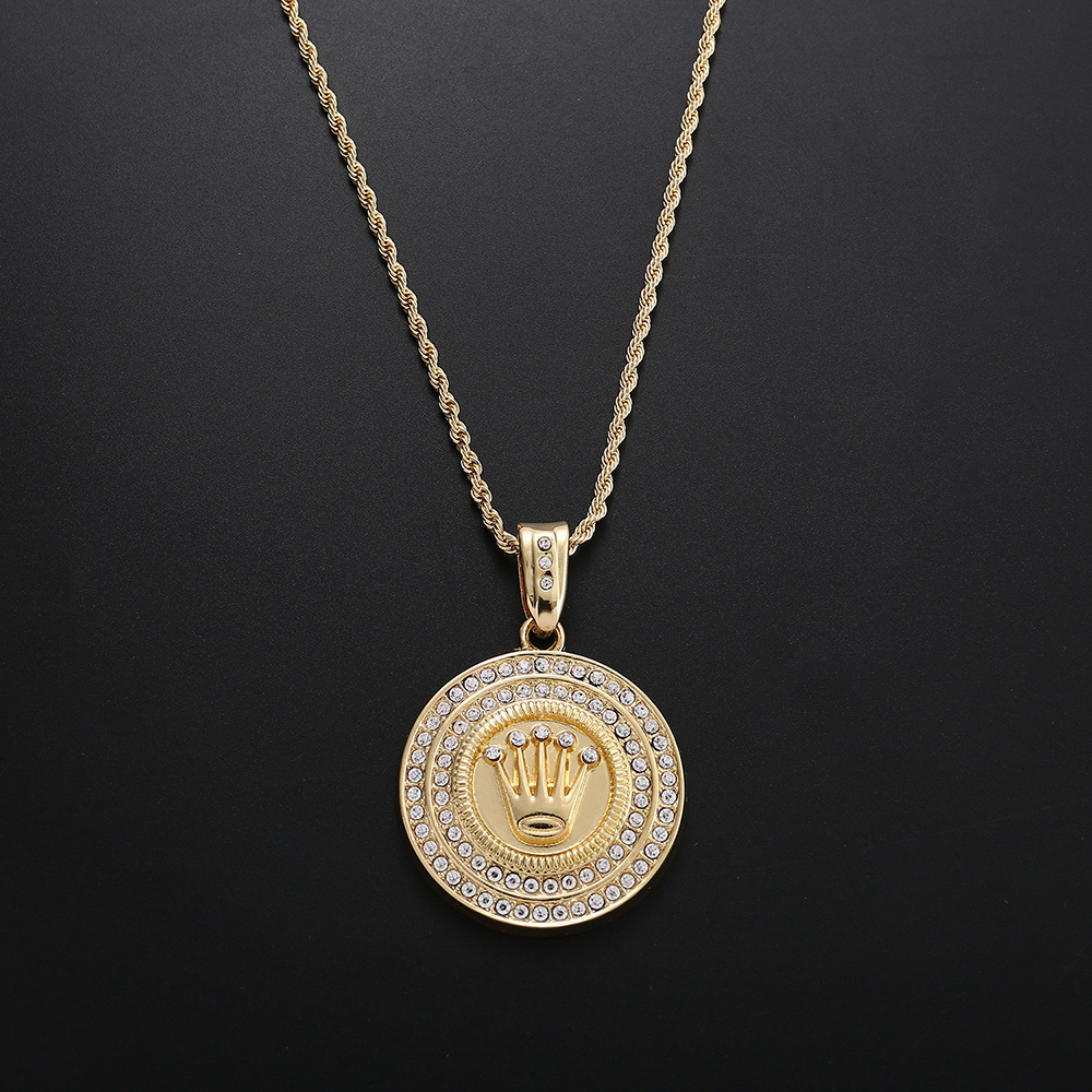 Joint Diamond Double Circle Crown Pendant Necklace Hip Hop Pendant