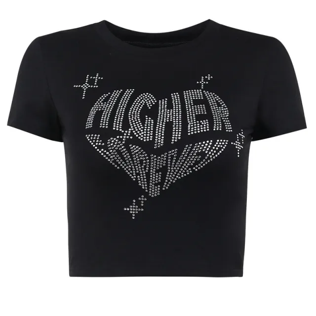 Round Neck Hot Diamond Heart Wings Printed Short Sleeved T shirt For Women Black - Shop at LoveMi