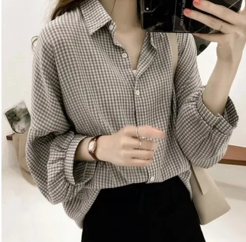 Blouses Shirts Women Loose Large Size M 4XL Plaid All match Blue - Shop at LoveMi