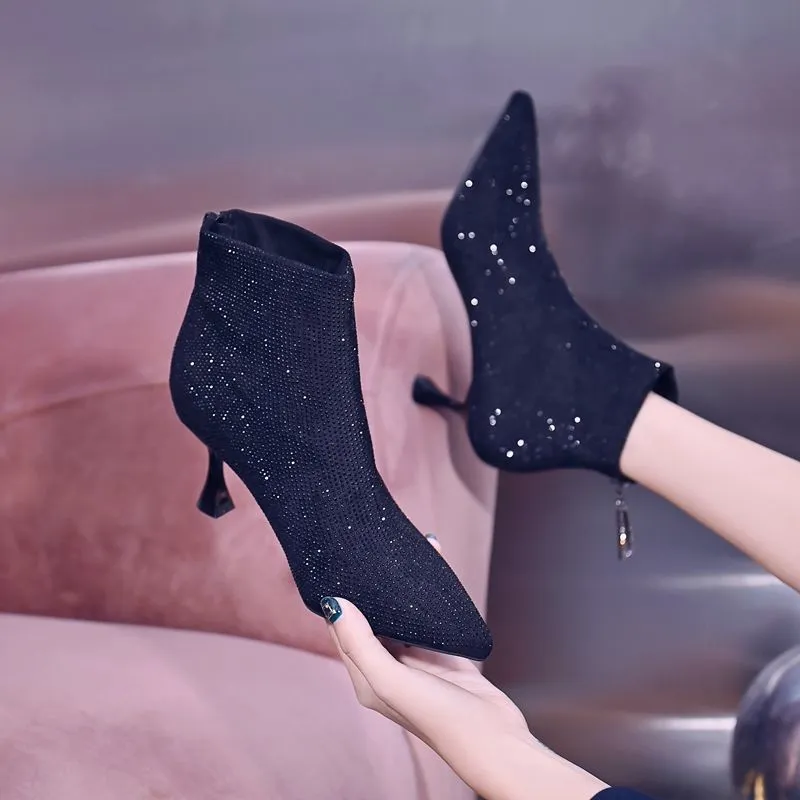 Women's Rhinestone Pointed Toe Stiletto Boots - Black