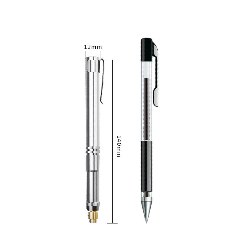 Compact 140mm stainless steel engraving pen with 12mm diameter, shown beside a standard pen for size comparison; sleek, portable, and pen-like design