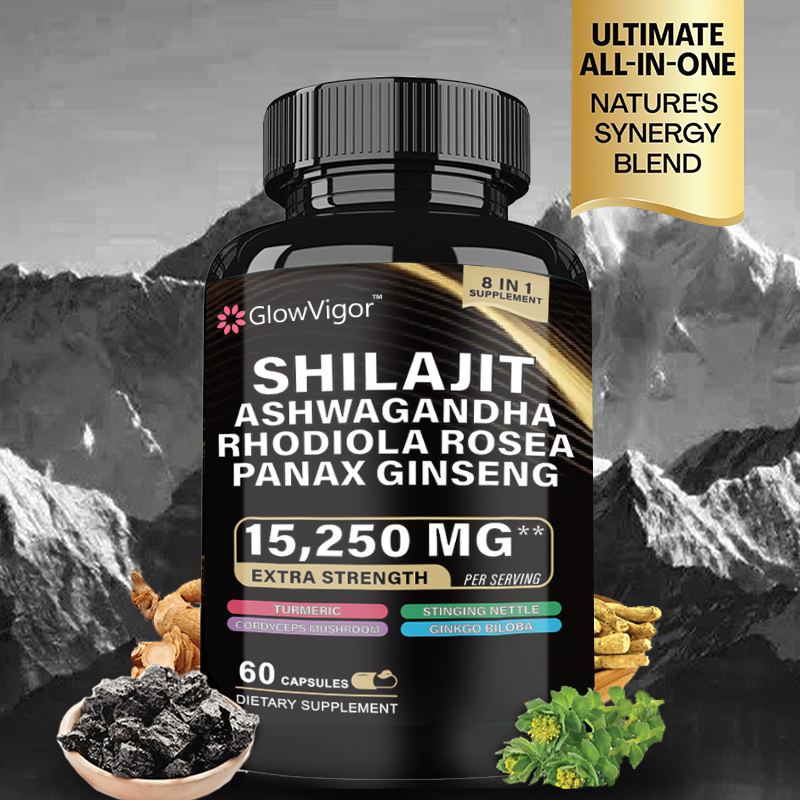 Herbal supplement with Shilajit and Ginseng, Nature's Synergy Formula containing Shilajit Pure Himalayan, Ashwagandha, Rhodiola Rosea, Panax Ginseng, Gingko Biloba, Turmeric, Stinging Nettle, Cordyceps Mushroom, and more in one capsule. Designed for both 