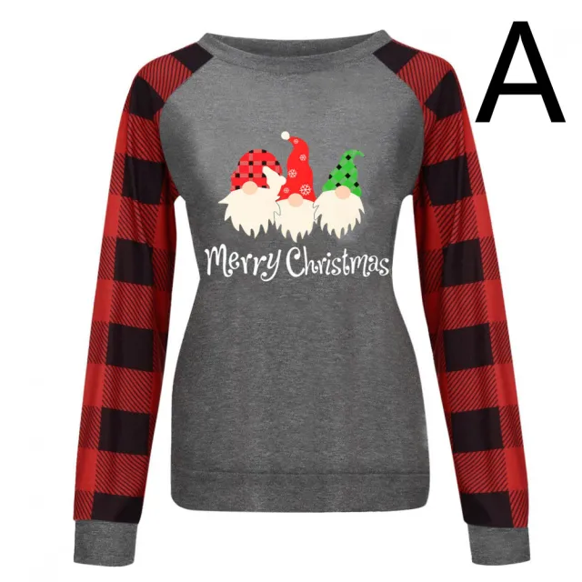 Round Neck Long sleeved Color Matching Plaid Christmas Print Sweater Women A 2Xl - Shop at LoveMi