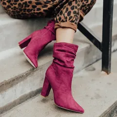 Side Zip High Block Heel Plus Size Short Boots - Red - View 1