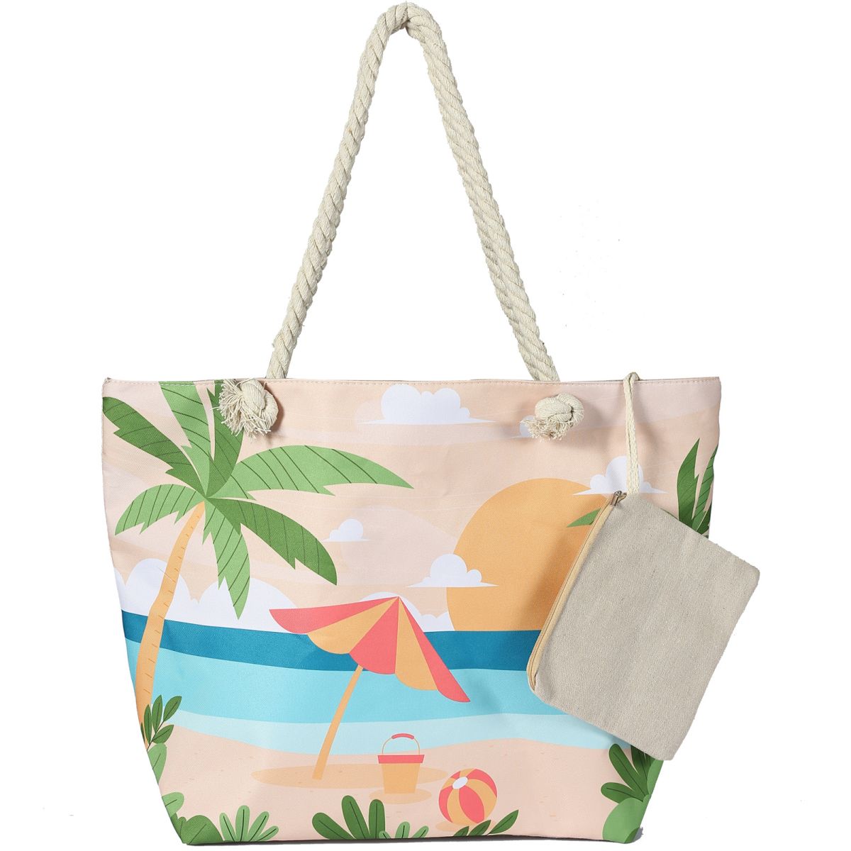 Waterproof Beach Tote Bag for Women. MATERIAL: Unique outer canvas material, inter polyester, hemp rope handle, foldable, easy to clean, waterproof and sandproof, durable and washable. LARGE BEACH BAG: Size 22.83 X 7.87 X 14.96 inch, there is enough space