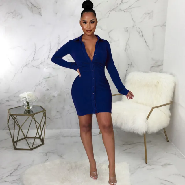 Sexy Fashion Solid Color Women Shirt Dress Blue - Shop at LoveMi