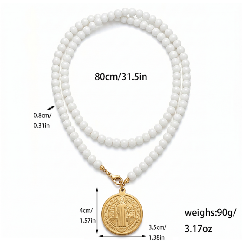 St Benedict Medal Long Necklace For Women, 80cm White Glass Bead Rosary Necklace, 18K Gold Plated Stainless Steel Religious Protection Jewelry