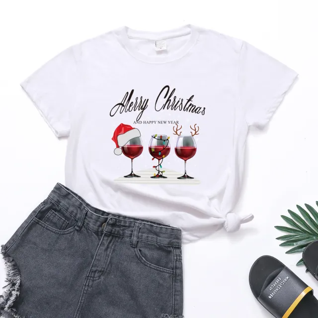 Christmas Three Wine Glasses Print Short Sleeve White - Shop at LoveMi