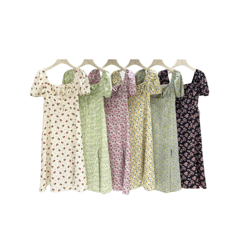 Waist French Vintage Square Neck Midi Dress