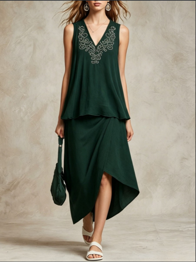 V Neck Embroidery Sleeveless Loose Top And Wrap Asymmetric Midi Skirt Two Piece… — image 1