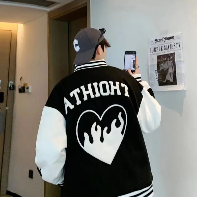 Hip Hop Loose Flocked Embroidered Baseball Jacket Black - Shop at LoveMi