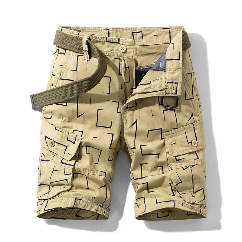 Solid Color Multi-pocket Geometric Print Five-point Pants