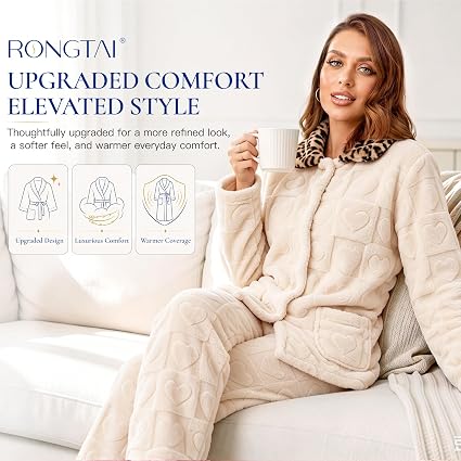 RONGTAI Leopard Button Down Pajama Set Long Sleeve Plush Fleece PJs — image 7