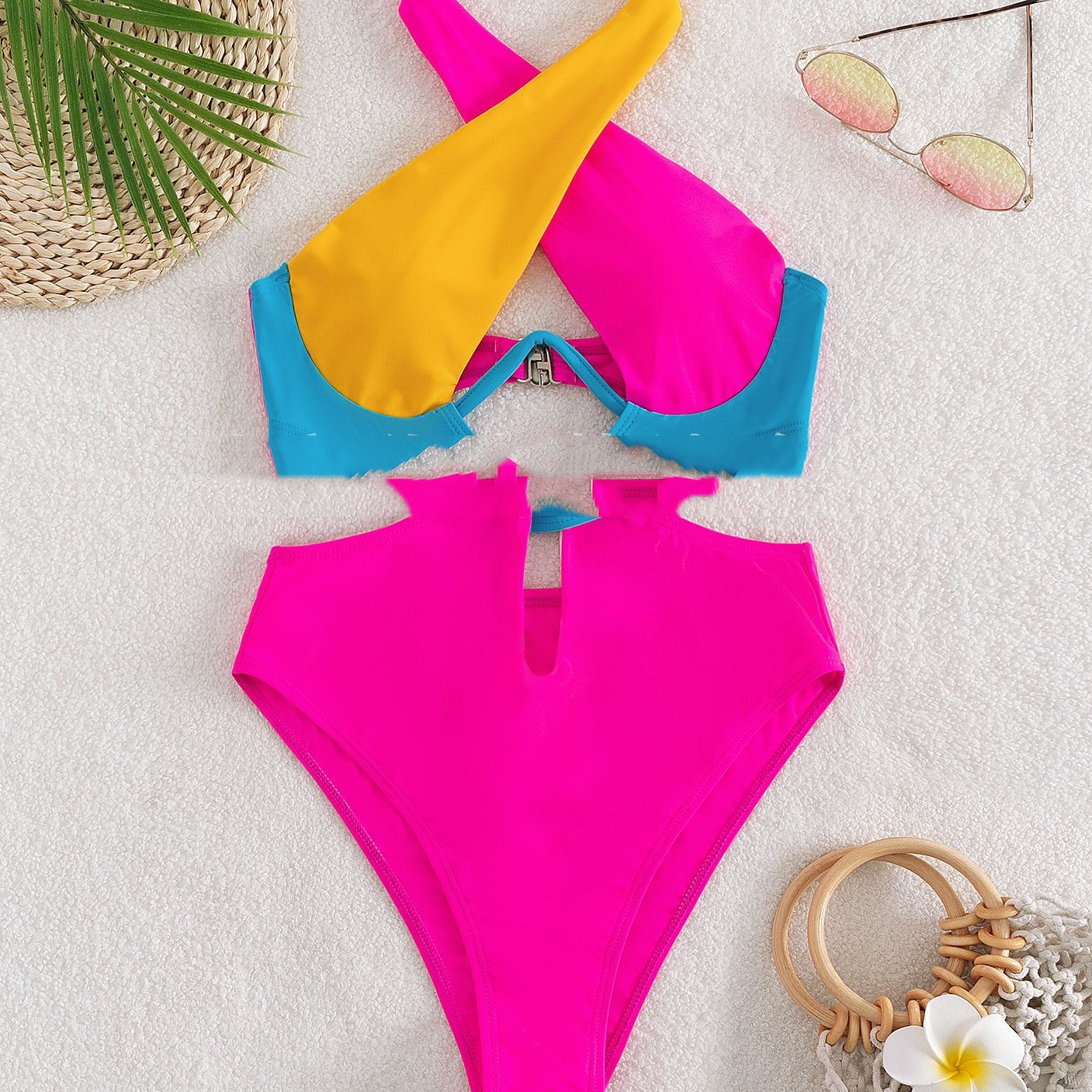 Contrast Splicing One-piece Neck Matching Swimsuit - Image 2