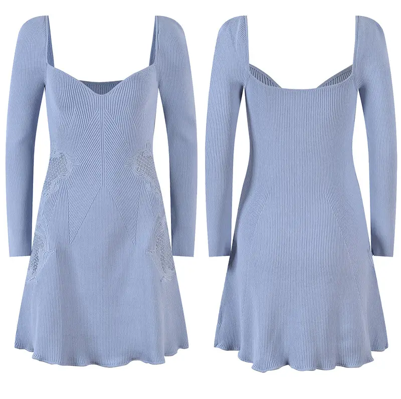 Mist Blue Lace Hollow Out Square-neck Cinched Slimming Embroidered Short French Dress