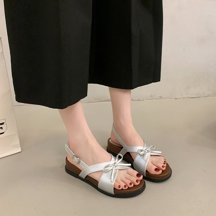 Women's Silver Bow Slingback Flat Sandals, Open Toe Buckle Ankle Strap Summer Shoes