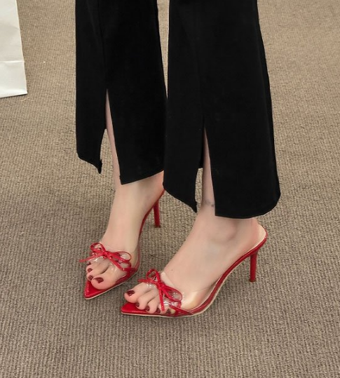 New Summer Women Pointed Open Toe Red Bow Clear Stiletto Slide Sandals, Sexy One Strap High Heel Slippers