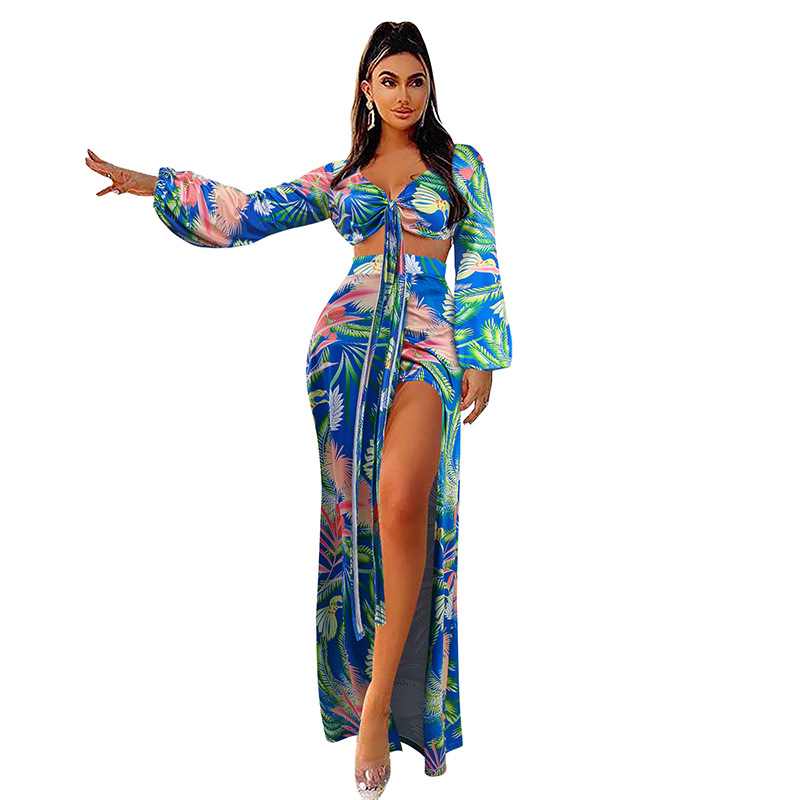Women's Split Swimsuit Sexy Printed Long Sleeve Bikini