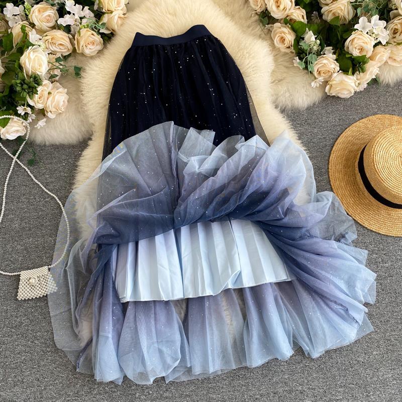 Design Sense Gradient Color Mid-length Mesh Skirt