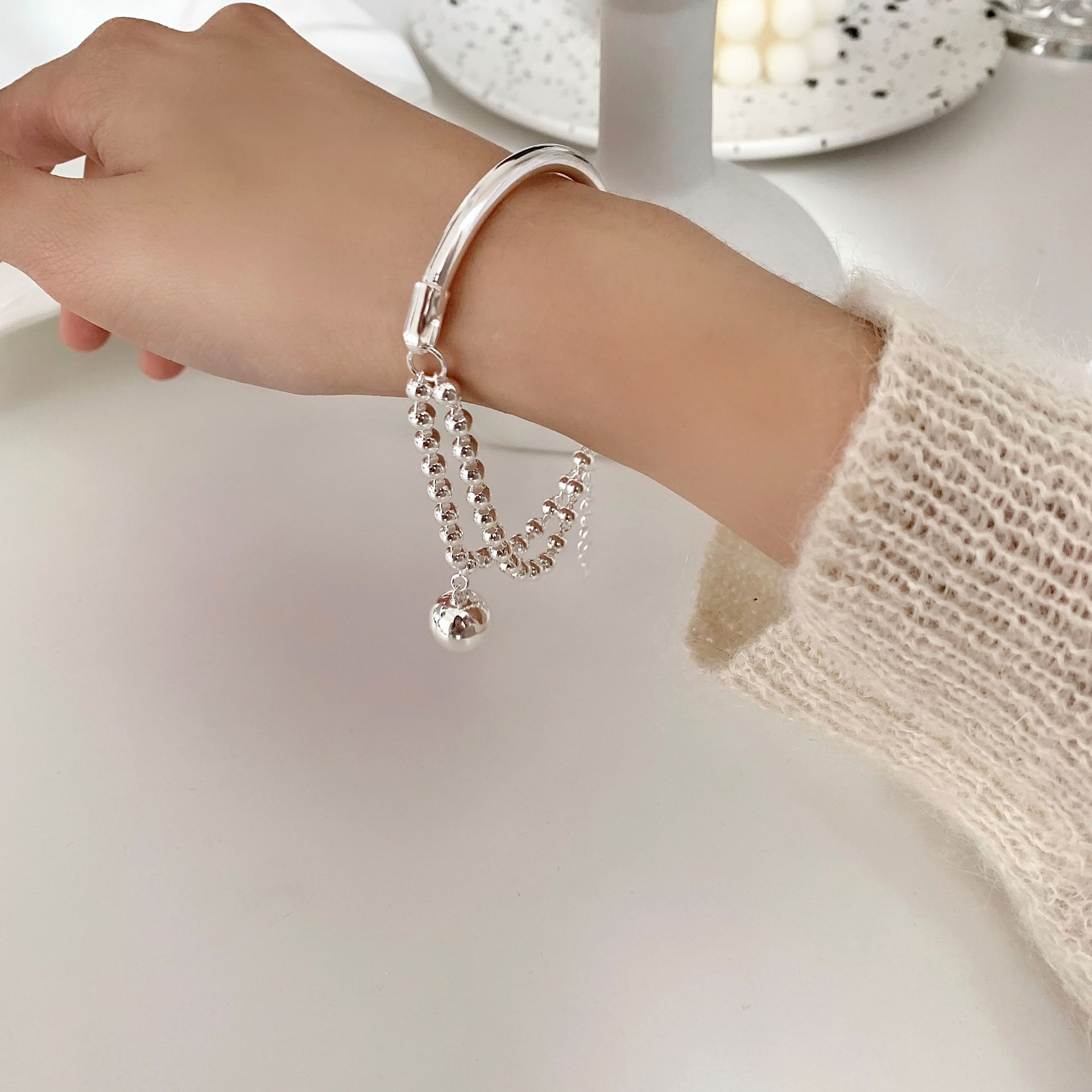 Japanese And Korean Retro Ball Pendant Half Ring Bracelet