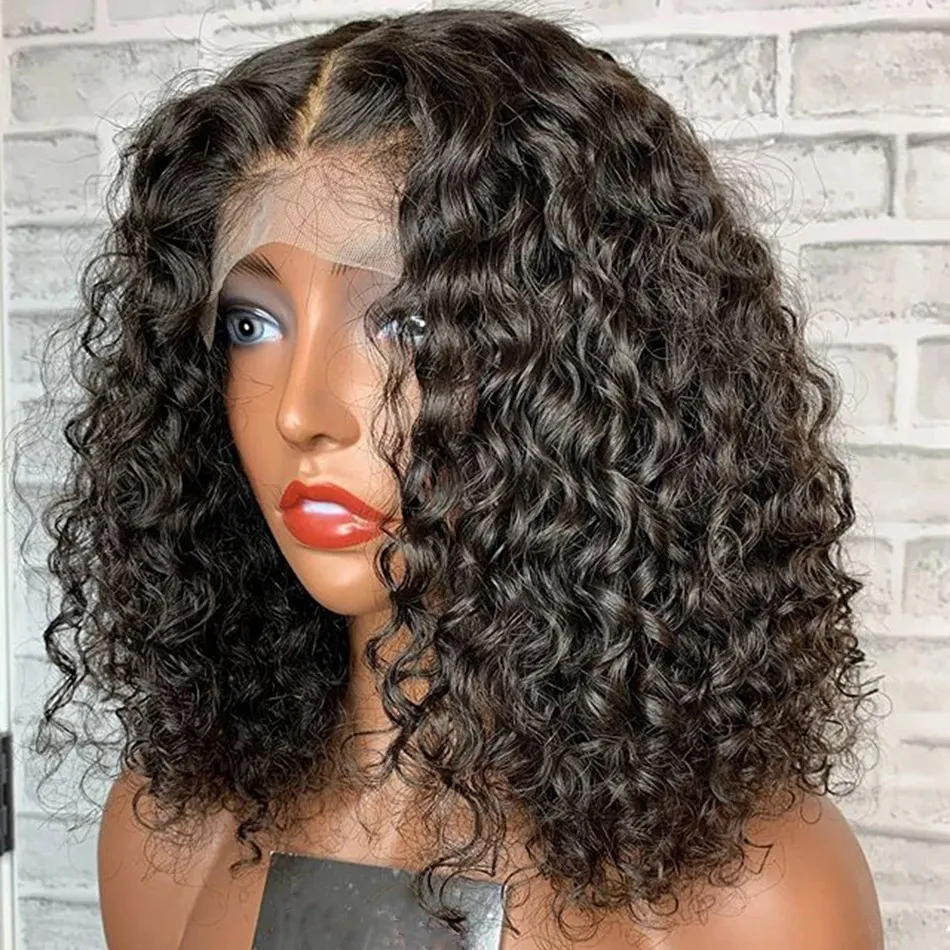 Front Lace Fluffy Black Medium Length Small Curly Wig - Black