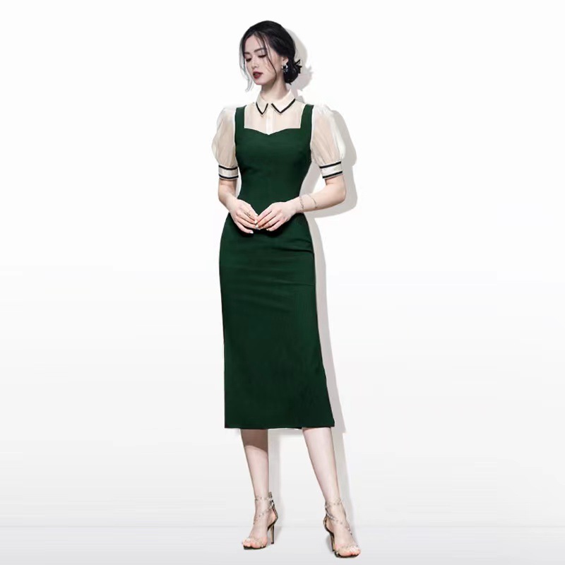 Fitted Shirt Collar Panel Midi Dress