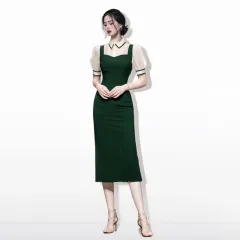 Fitted Shirt Collar Panel Midi Dress - Green - View 1