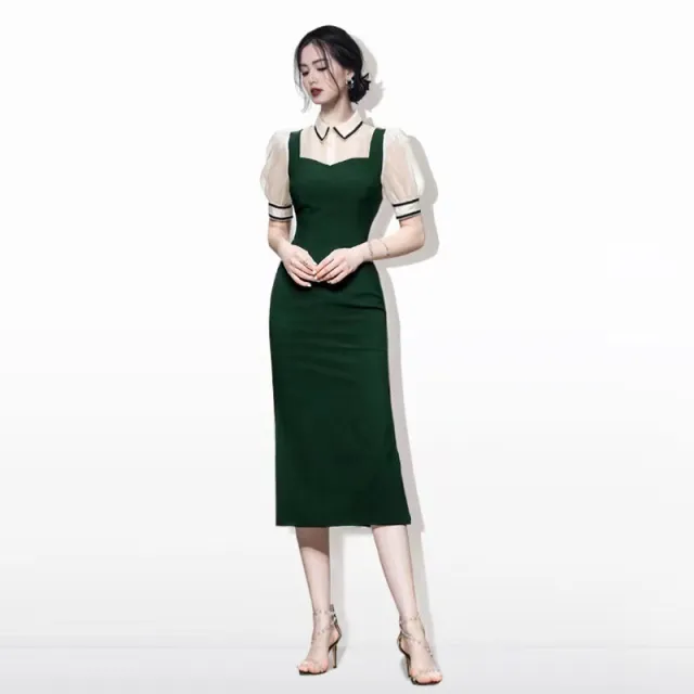 Fitted Shirt Collar Panel Midi Dress Green - Shop at LoveMi