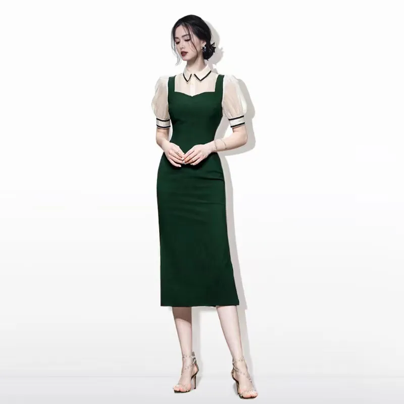 Fitted Shirt Collar Panel Midi Dress - Green