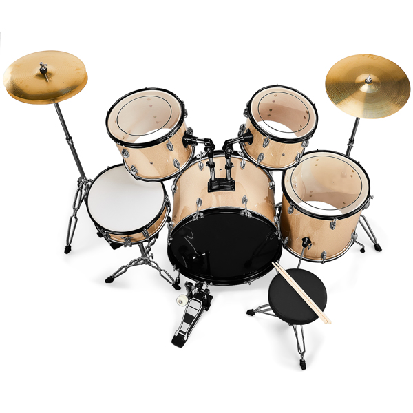 Full Size Adult Drum Set 5-Piece Champagne with Bass Drum, two Tom Drum, Snare Drum, Floor Tom, 16