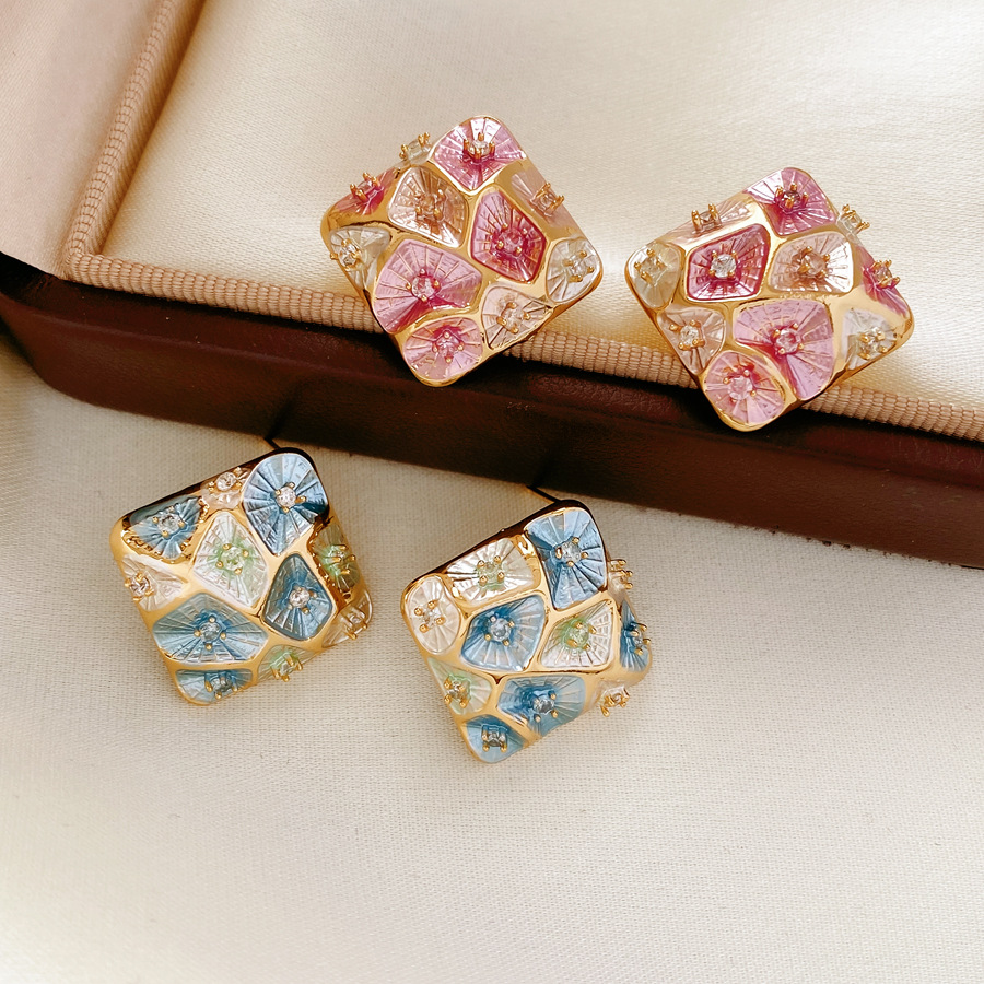 Vintage Enamel Square Stud Earrings With Zircon Color Block Floral Design Sterling Silver Post Elegant Earrings For Women - Jewelry & Watches