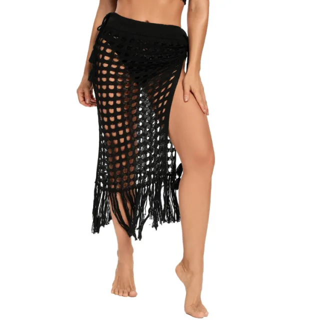 Ladies Fashion Slit Fringe Beach Skirt Black - Shop at LoveMi