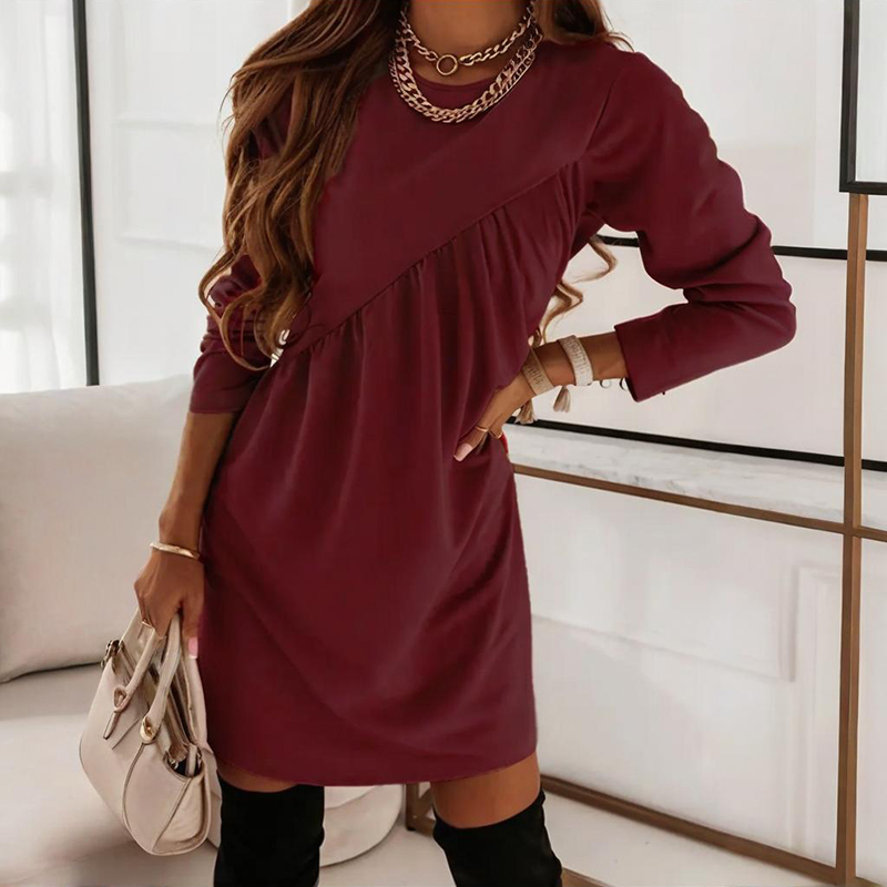 Women's Elegant A Line Dress With Pleated Detail, Solid Color Round Neck Office To Party Midi Dress Wine Red - Shop at LoveMi