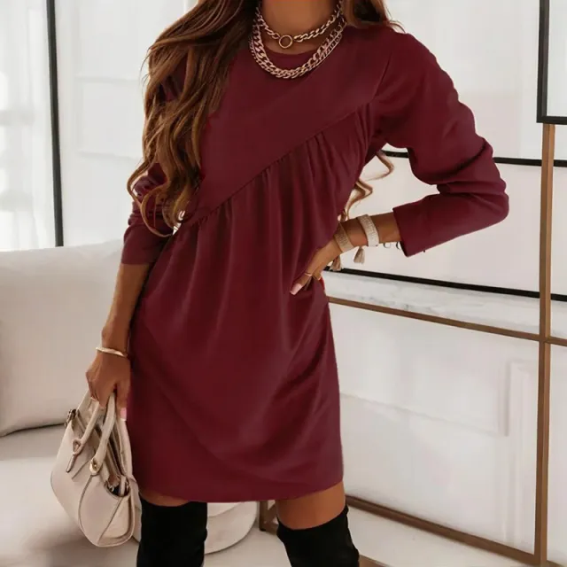 Women's Elegant A Line Dress With Pleated Detail, Solid Color Round Neck Office To Party Midi Dress Wine Red - Shop at LoveMi