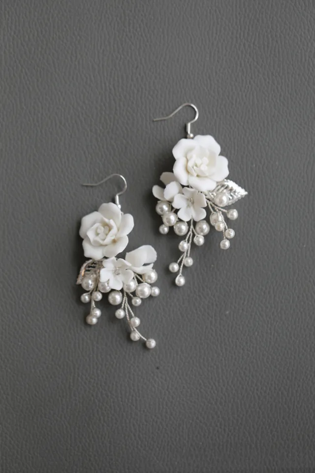 Handmade Beaded Ceramic Flower Hair Accessories Earrings Silver - Shop at LoveMi