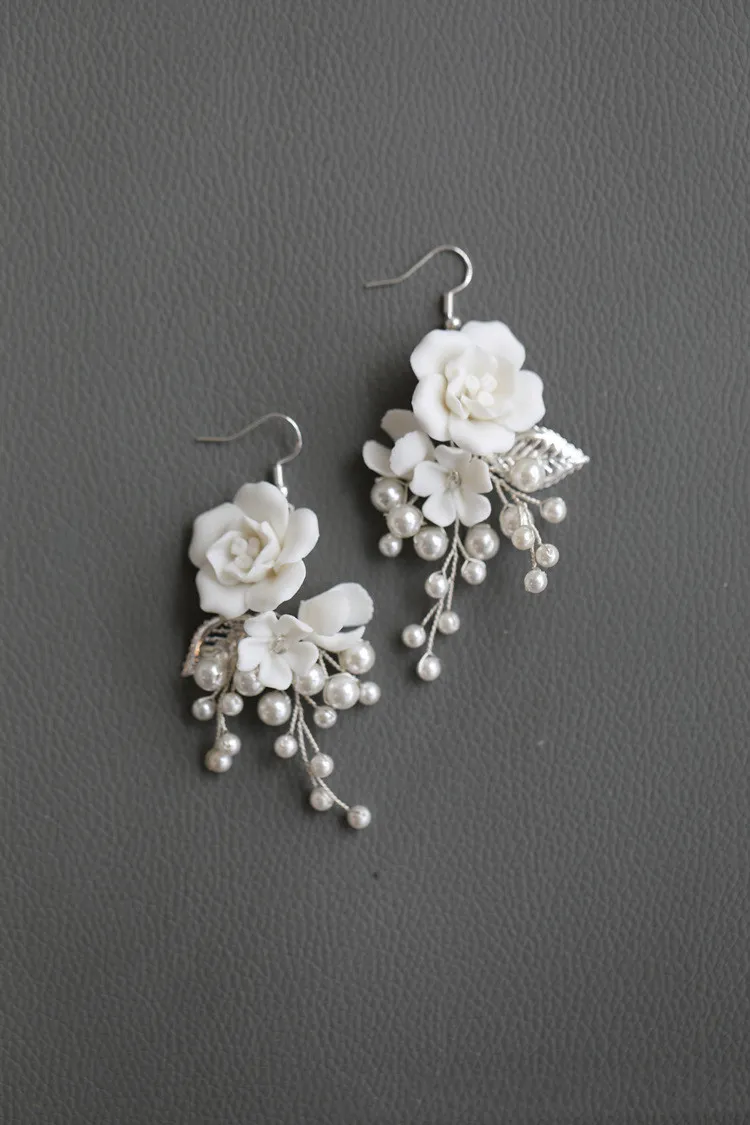 Handmade Beaded Ceramic Flower Hair Accessories - Earrings Silver