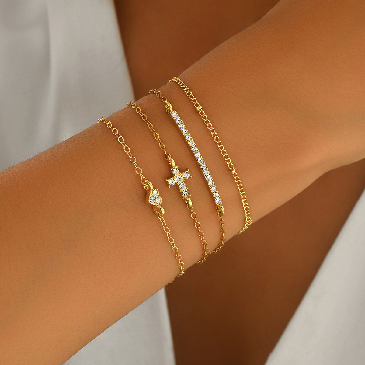 New Cross-border European American Jewelry Set, Geometric Cross Pattern Cubic Zirconia Inlaid Versatile Bracel