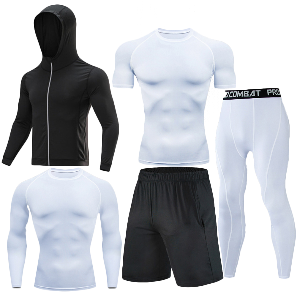 Men 5 Pieces Compression Workout Set Hooded Zip Jacket Long Sleeve Short Sleeve Tight Shirts Sports Shorts Long Leggings Quick Dry Gym Running Basketball Training Athletic Base Layer Suit
