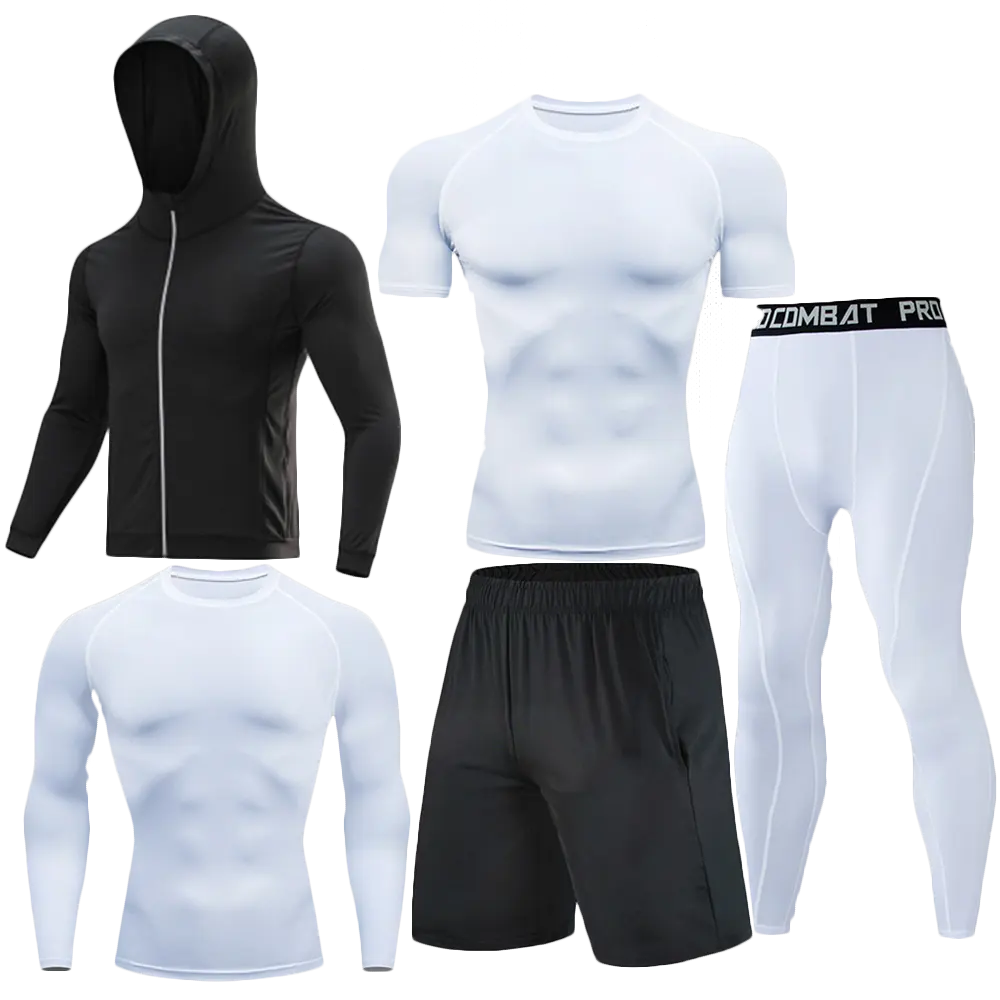 Men Compression Workout Set Hooded Zip Jacket